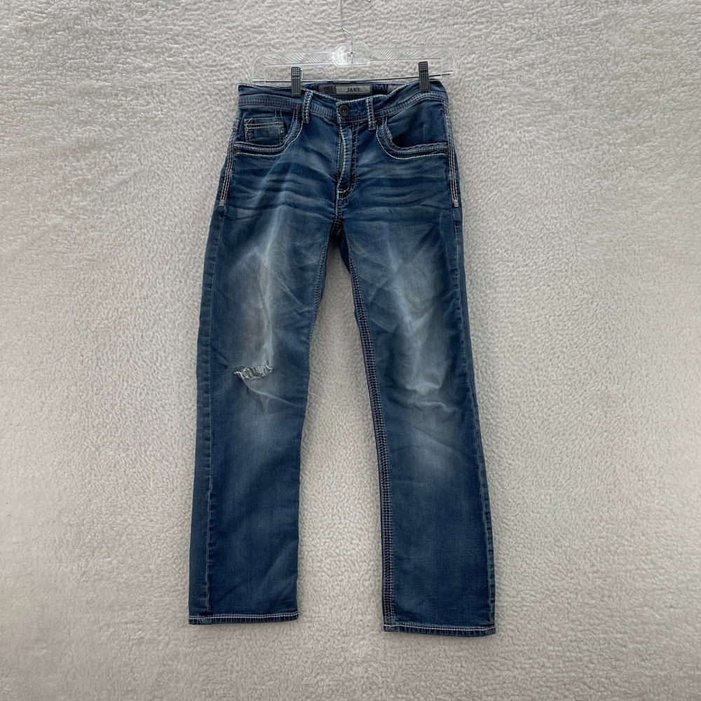 BKE Jeans Mens 29x31 Blue Medium Wash Jake Straight Denim Thick Stitch Grunge